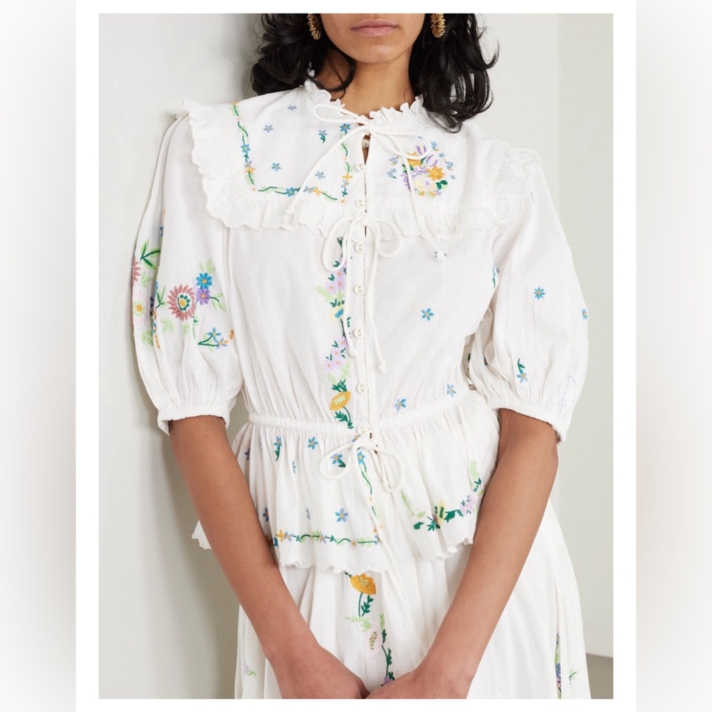 ALÉMAIS
Willa ruffled embroidered organic cotton peplum blouse